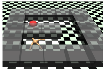 A 3D simulation environment featuring a black-and-white checkered floor. A four-legged, tan-colored robotic creature sits inside a track bounded by transparent gray walls, with a red-and-gray sphere positioned further down the lane.